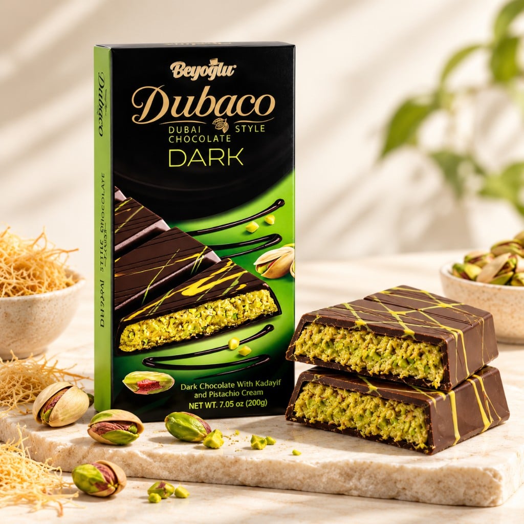 Dubaco ciocolată neagră cu kadayif și cremă de fistic 200 g