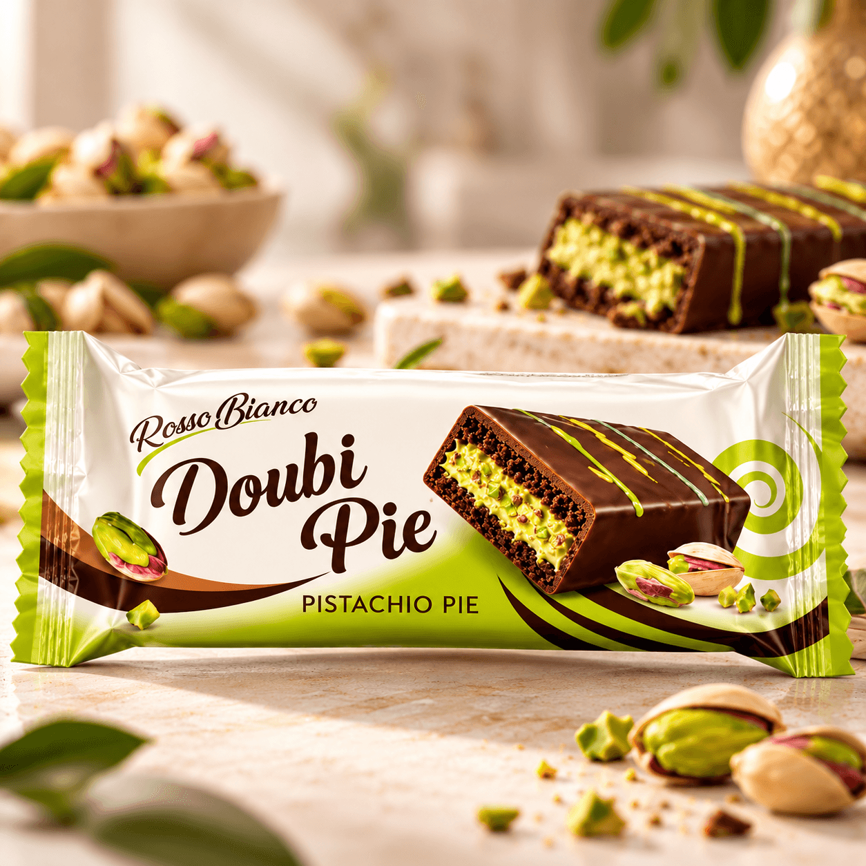 Rosso Bianco Doubi Pie Prăjitură cu Cremă de Fistic și Glazură de Cacao, 40 g