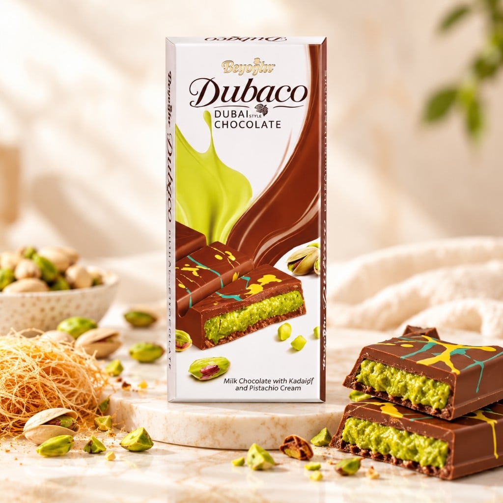 Ciocolată Dubai cu lapte Dubaco cu fistic, 95 g