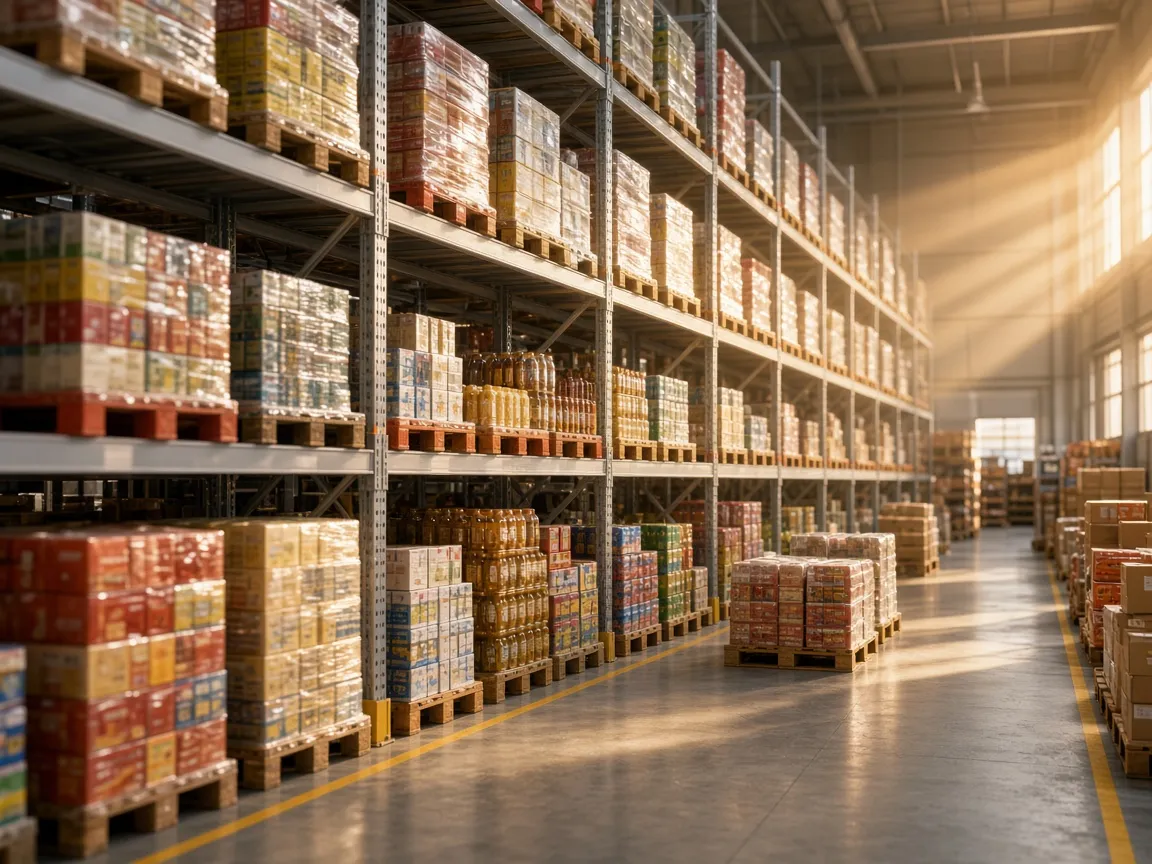 Depozitul ADL Trade: rafturi cu produse pe paleți